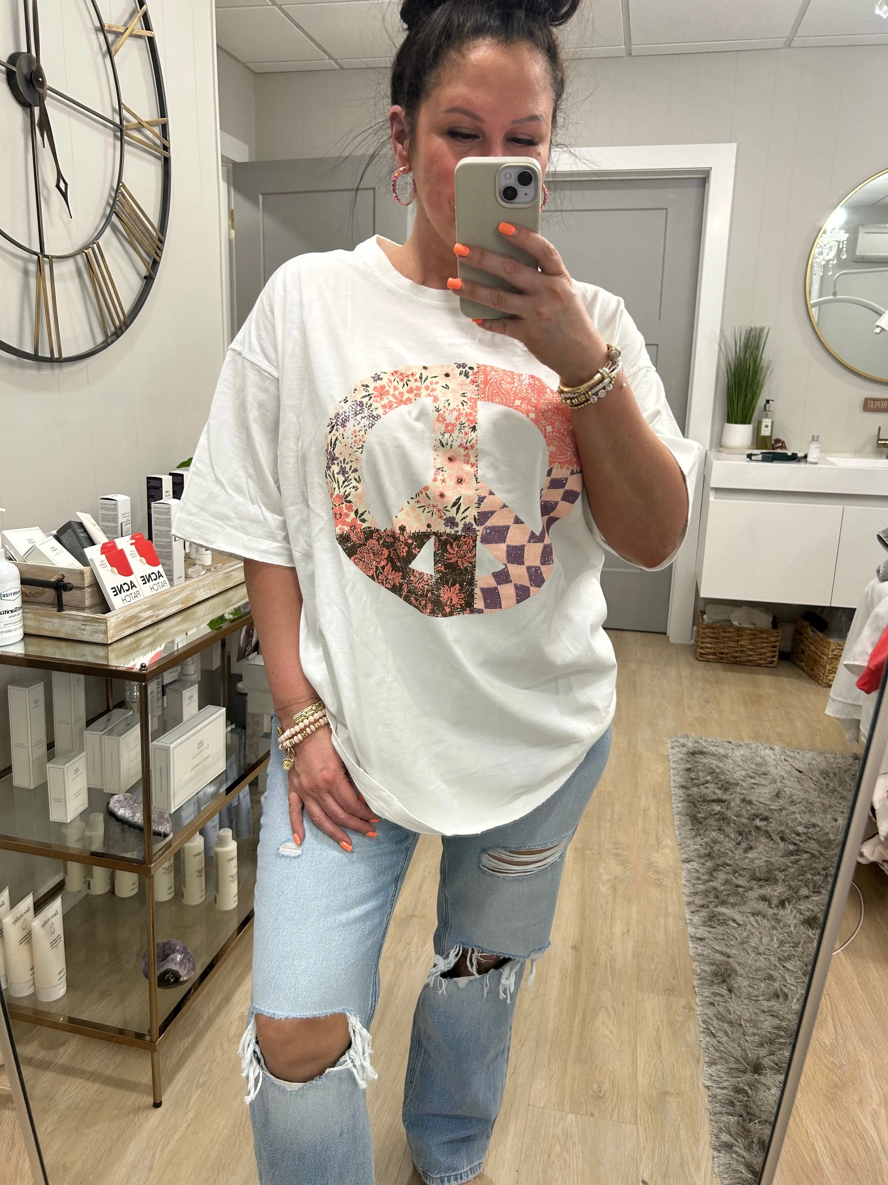 Boho Peace Floral Graphic Oversized Tee