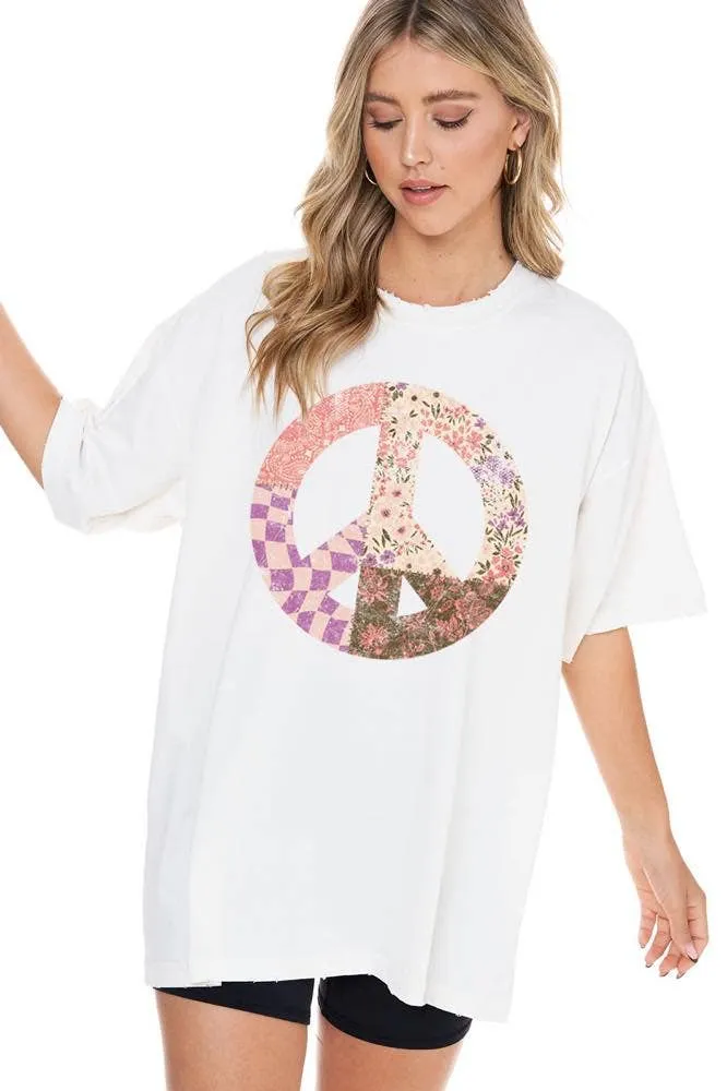 Boho Peace Floral Graphic Oversized Tee
