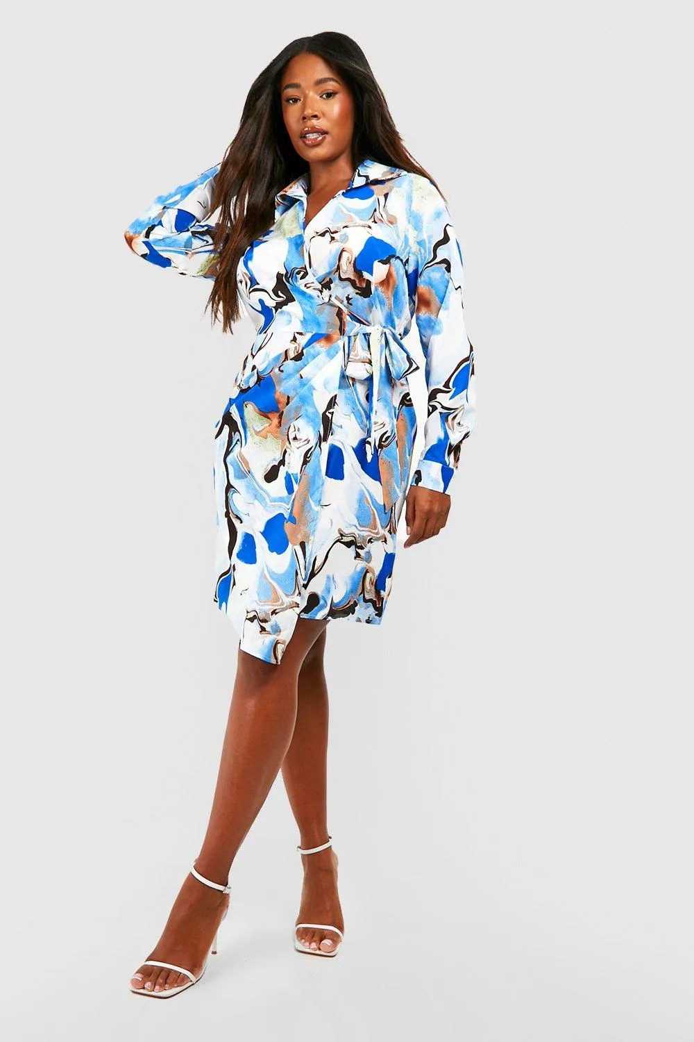 Boohoo marble print shirt dress, blue