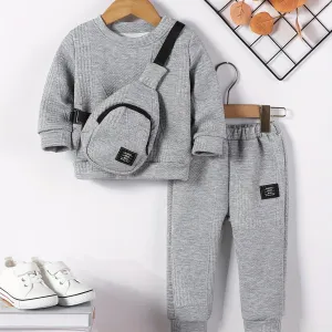 Boys' 3pcs Fall Fashion Set: Solid Color Sweatshirt, Joggers & Crossbody Bag - Casual & Stylish, Perfect for Outdoor
