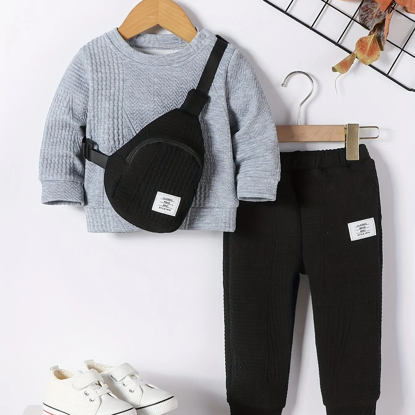 Boys' 3pcs Fall Fashion Set: Solid Color Sweatshirt, Joggers & Crossbody Bag - Casual & Stylish, Perfect for Outdoor