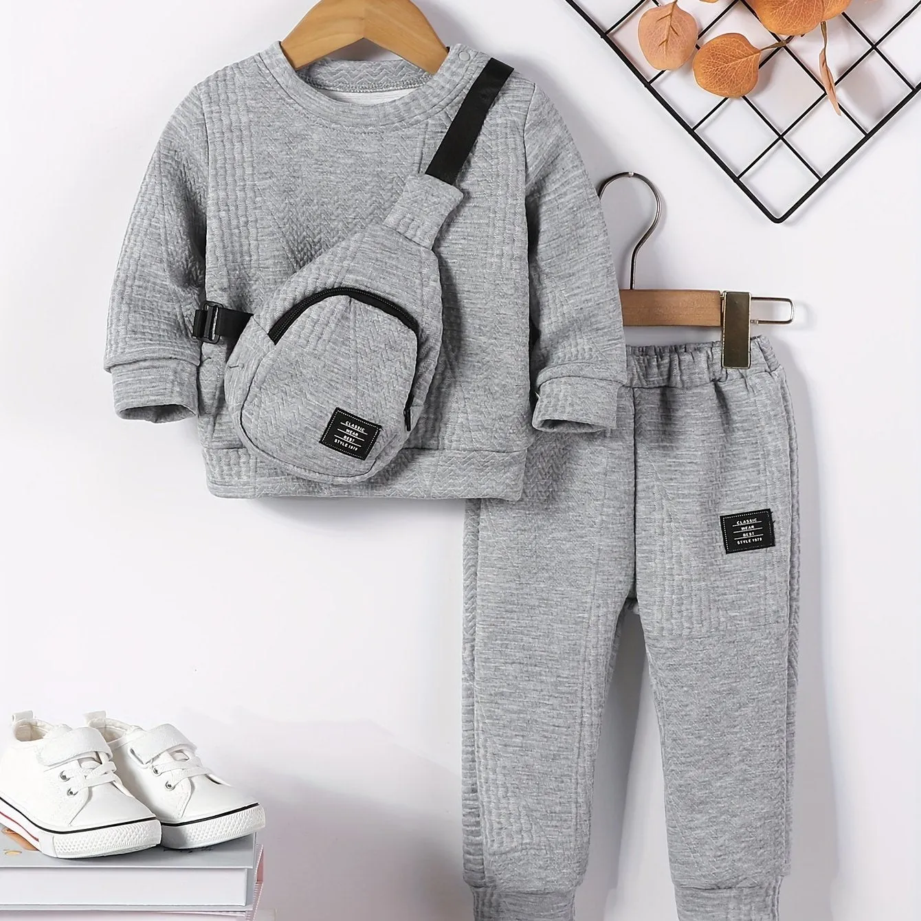 Boys' 3pcs Fall Fashion Set: Solid Color Sweatshirt, Joggers & Crossbody Bag - Casual & Stylish, Perfect for Outdoor
