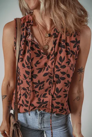 Brown Leaf Print Lace-up V Neck Crinckled Tank Top
