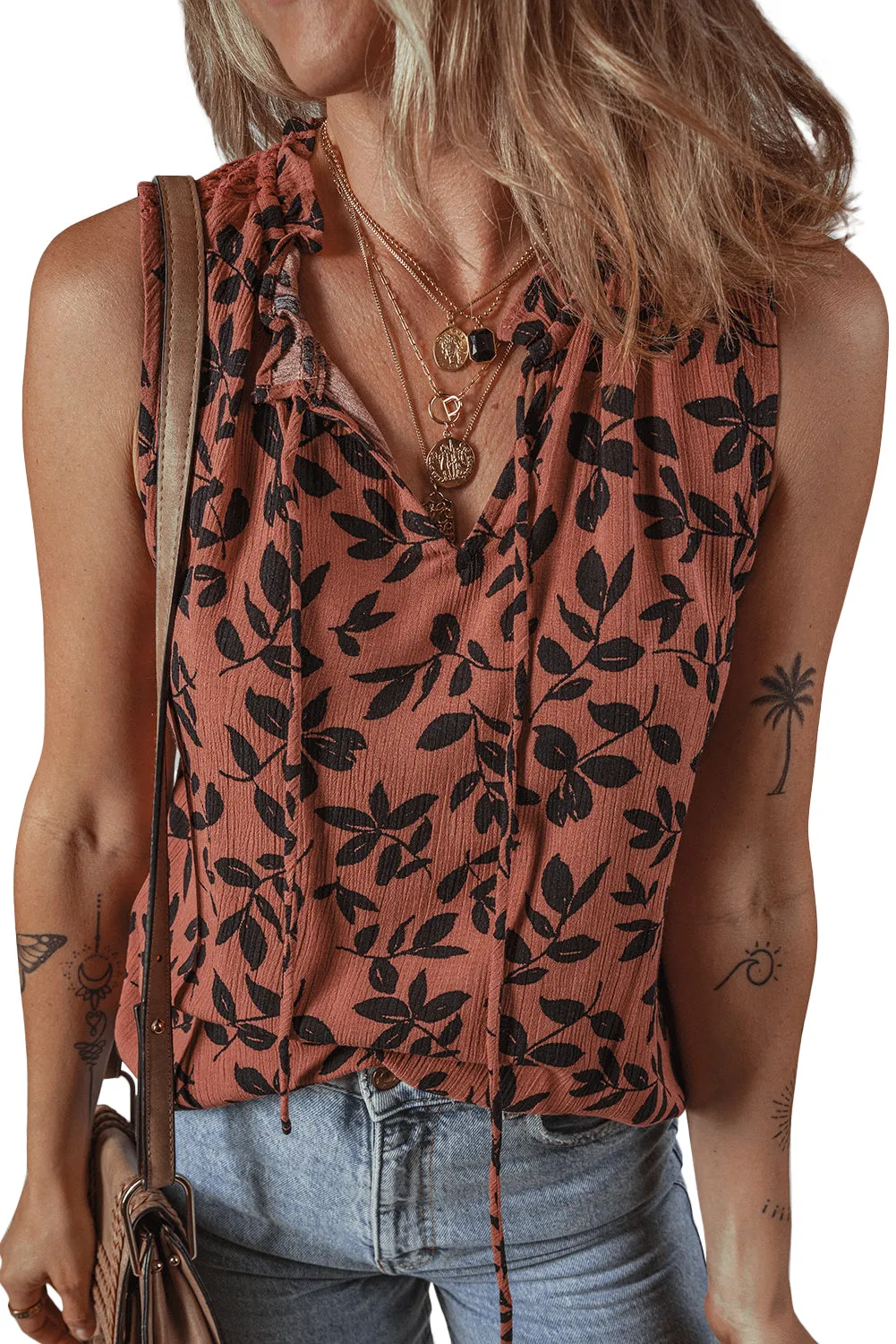 Brown Leaf Print Lace-up V Neck Crinckled Tank Top