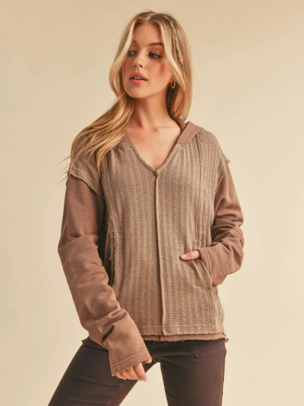Brown Textured Knit Hooded Top