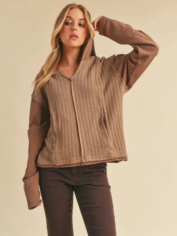 Brown Textured Knit Hooded Top