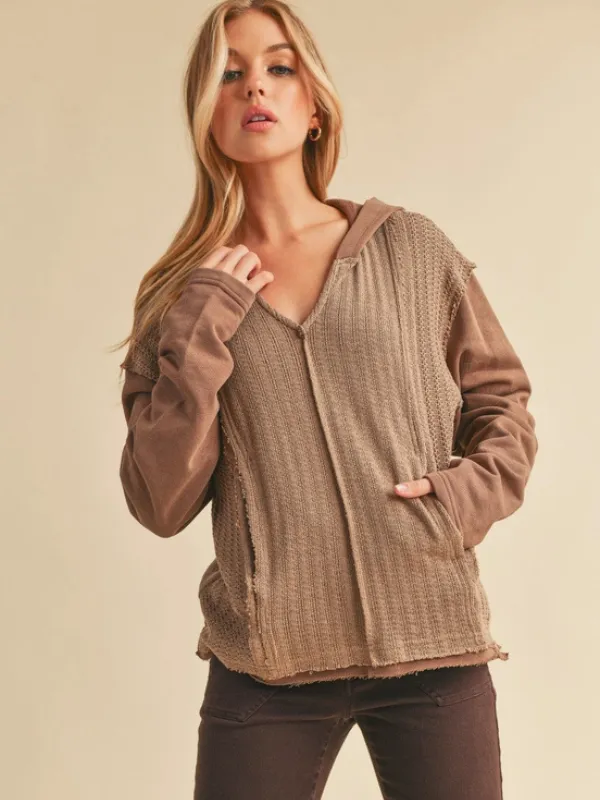 Brown Textured Knit Hooded Top