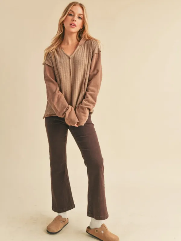 Brown Textured Knit Hooded Top