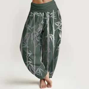 Buddha Stones Casual Bamboo Stems Leaves Pattern Women's Elastic Waist Harem Pants