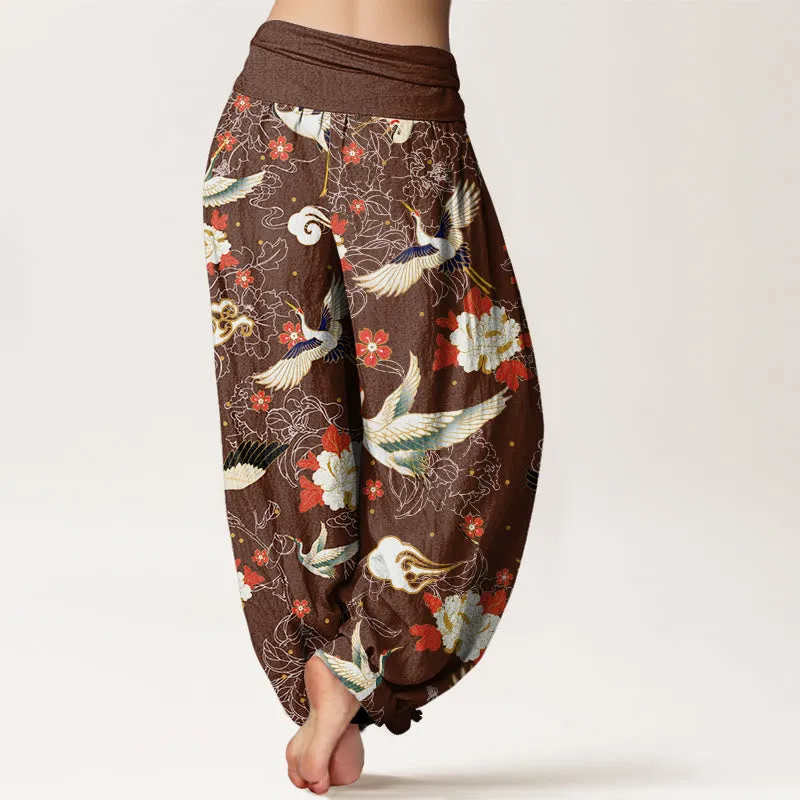 Buddha Stones Casual Red-Crowned Crane Peony Flower Cherry Blossom Pattern Women's Elastic Waist Harem Pants