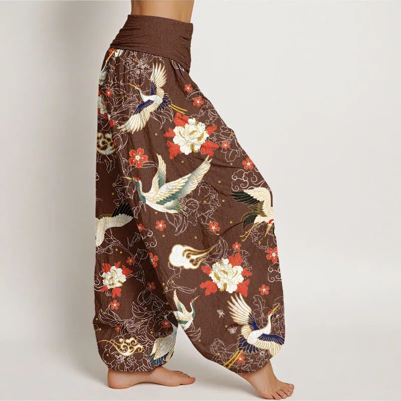 Buddha Stones Casual Red-Crowned Crane Peony Flower Cherry Blossom Pattern Women's Elastic Waist Harem Pants