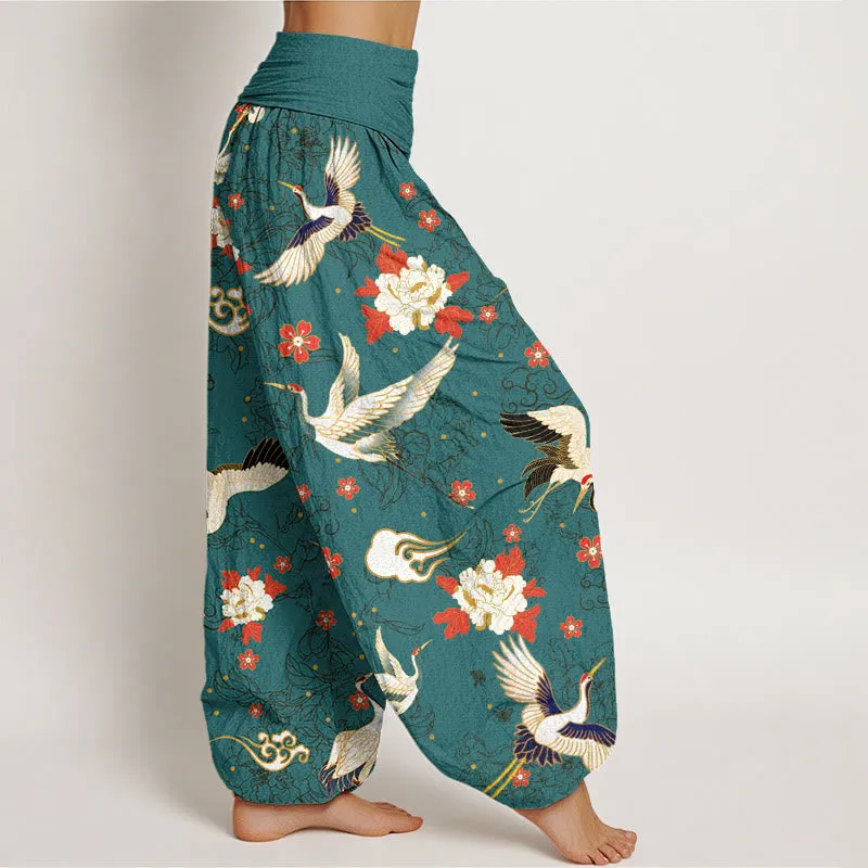 Buddha Stones Casual Red-Crowned Crane Peony Flower Cherry Blossom Pattern Women's Elastic Waist Harem Pants