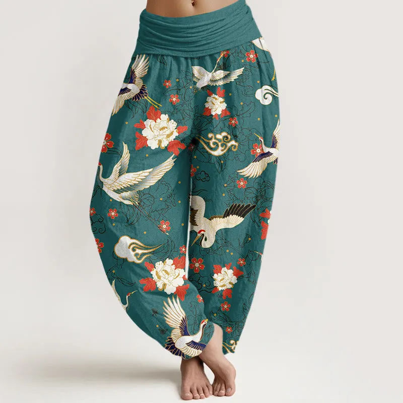 Buddha Stones Casual Red-Crowned Crane Peony Flower Cherry Blossom Pattern Women's Elastic Waist Harem Pants
