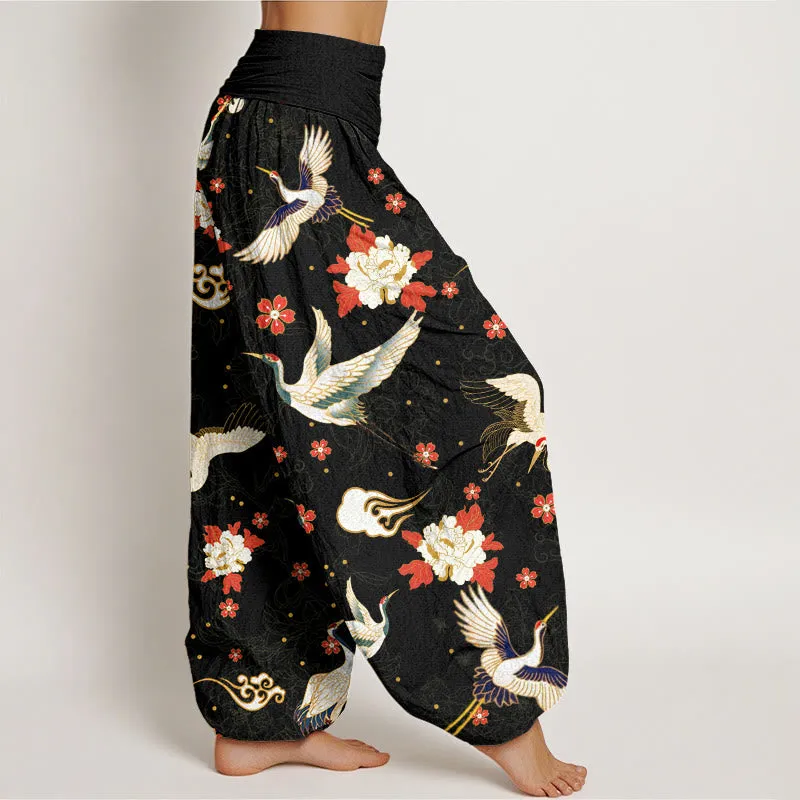 Buddha Stones Casual Red-Crowned Crane Peony Flower Cherry Blossom Pattern Women's Elastic Waist Harem Pants
