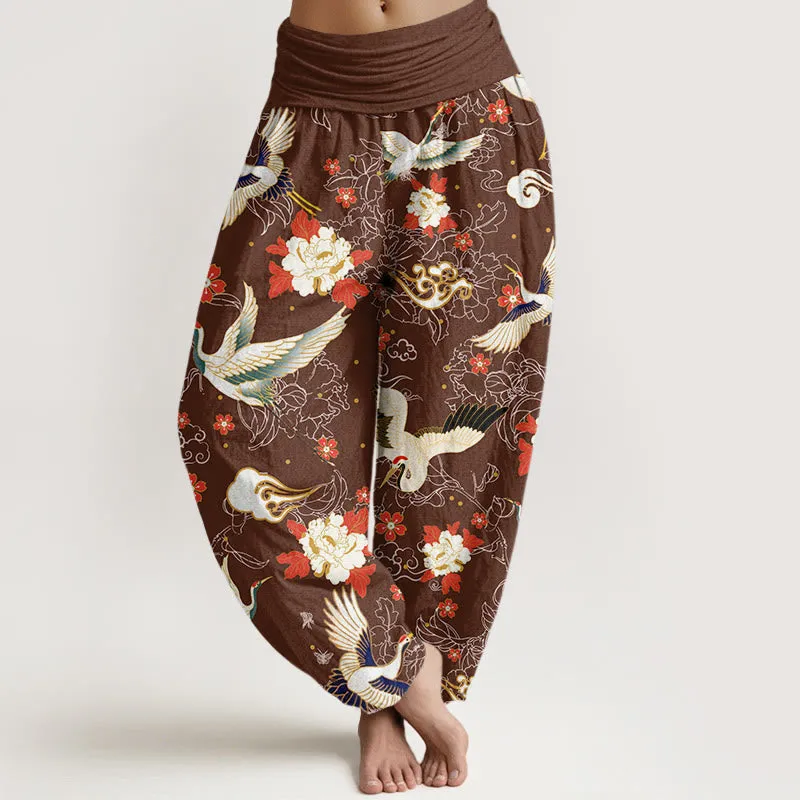 Buddha Stones Casual Red-Crowned Crane Peony Flower Cherry Blossom Pattern Women's Elastic Waist Harem Pants