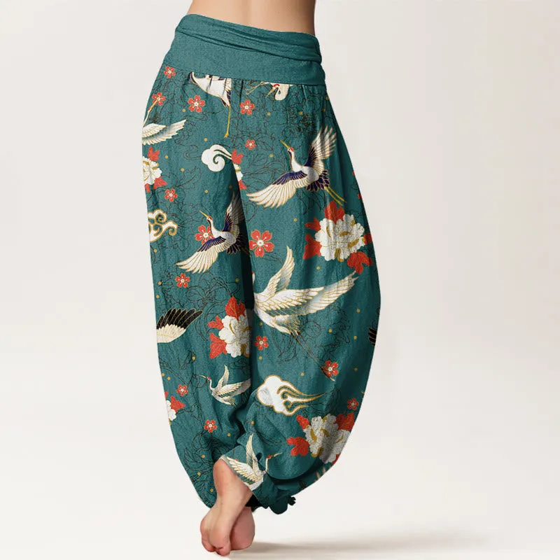 Buddha Stones Casual Red-Crowned Crane Peony Flower Cherry Blossom Pattern Women's Elastic Waist Harem Pants