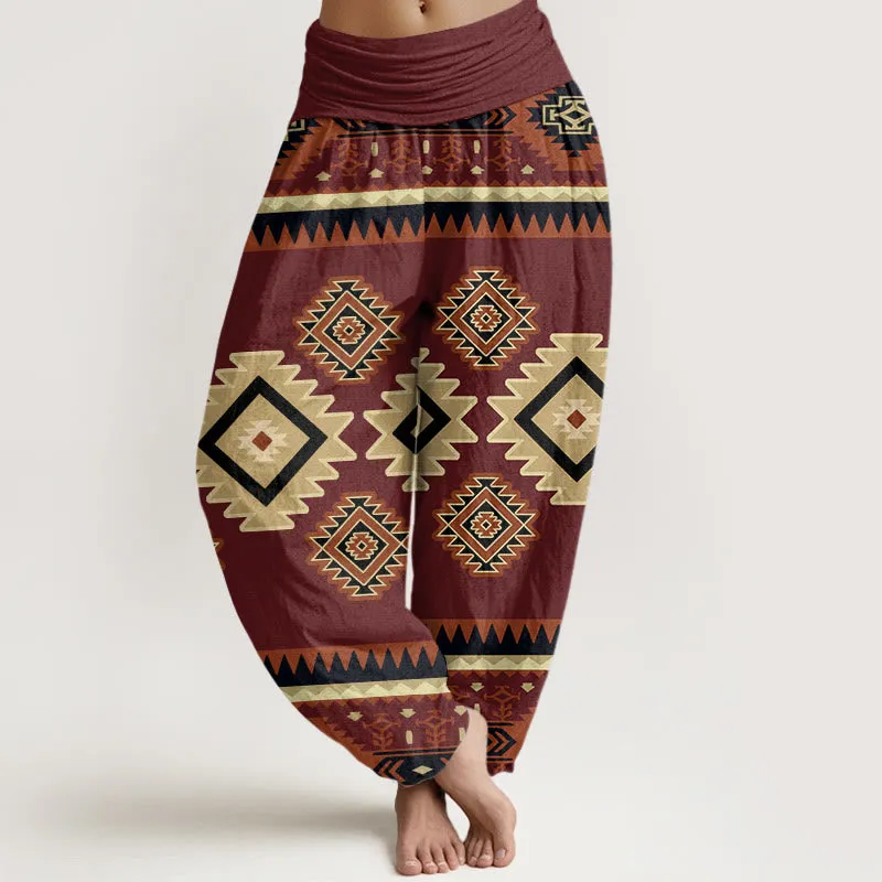 Buddha Stones Casual Symmetrical Navajo Textile Style Pattern Women's Elastic Waist Harem Pants