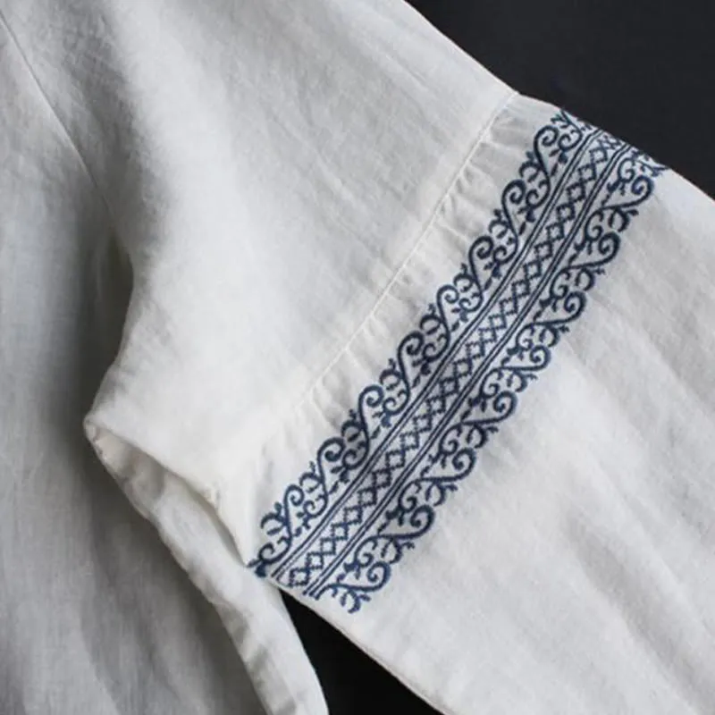 Buddha Stones Ethnic Embroidery Bohemian Pattern Long Sleeve Crew Neck Women's Shirt