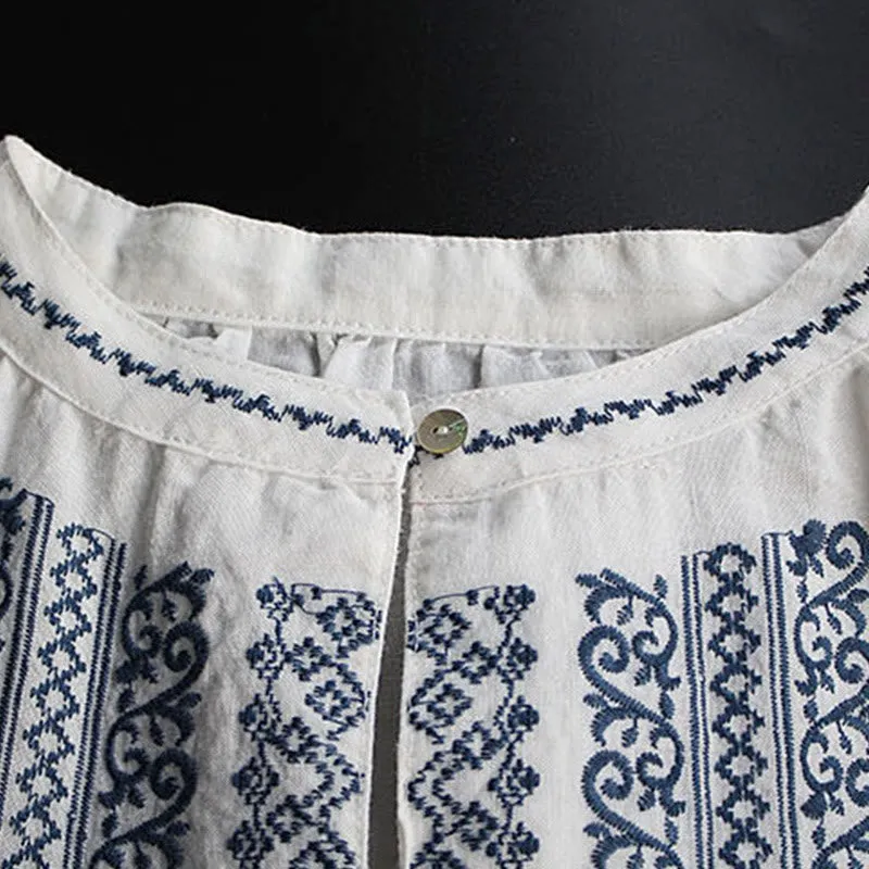 Buddha Stones Ethnic Embroidery Bohemian Pattern Long Sleeve Crew Neck Women's Shirt