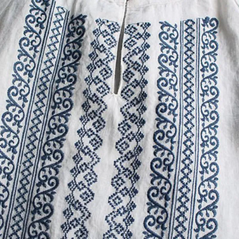Buddha Stones Ethnic Embroidery Bohemian Pattern Long Sleeve Crew Neck Women's Shirt