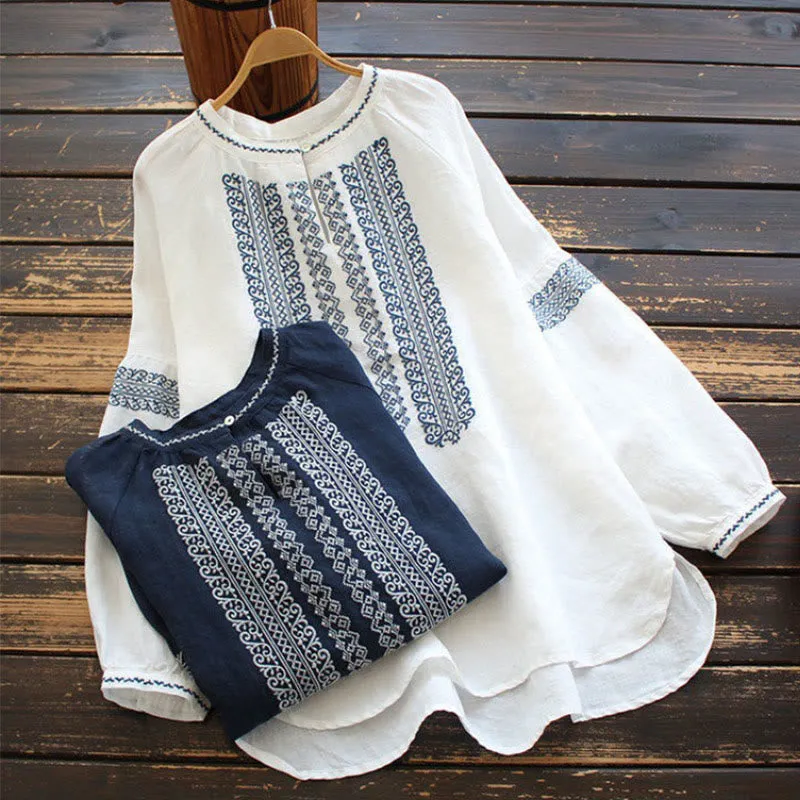 Buddha Stones Ethnic Embroidery Bohemian Pattern Long Sleeve Crew Neck Women's Shirt