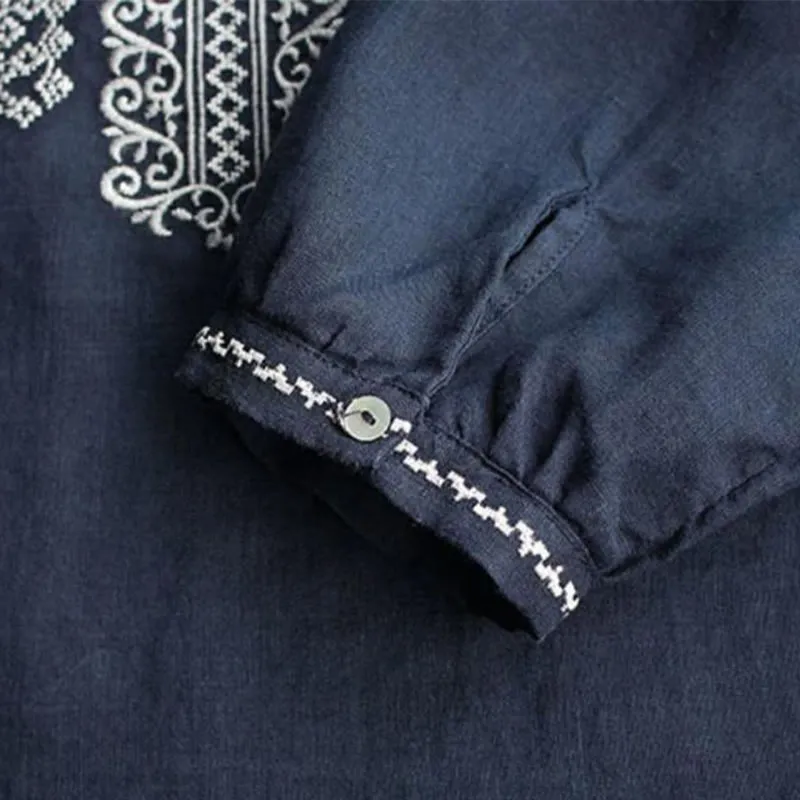 Buddha Stones Ethnic Embroidery Bohemian Pattern Long Sleeve Crew Neck Women's Shirt