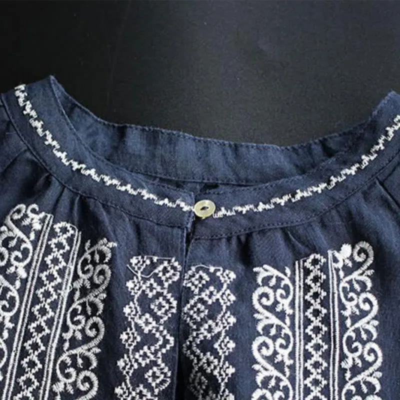 Buddha Stones Ethnic Embroidery Bohemian Pattern Long Sleeve Crew Neck Women's Shirt