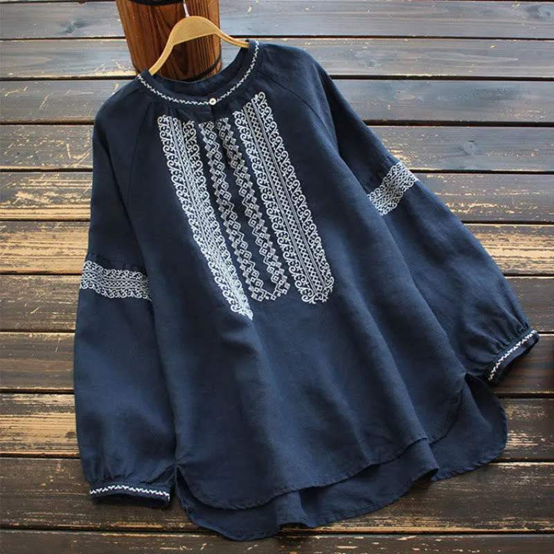 Buddha Stones Ethnic Embroidery Bohemian Pattern Long Sleeve Crew Neck Women's Shirt
