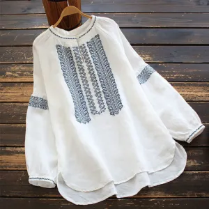 Buddha Stones Ethnic Embroidery Bohemian Pattern Long Sleeve Crew Neck Women's Shirt