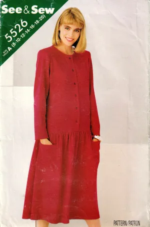 Butterick See & Sew 5526 Womens Classic Long Sleeved Drop Waisted Dress 1980s Vintage Sewing Pattern Size 8 - 20 UNCUT Factory Folded