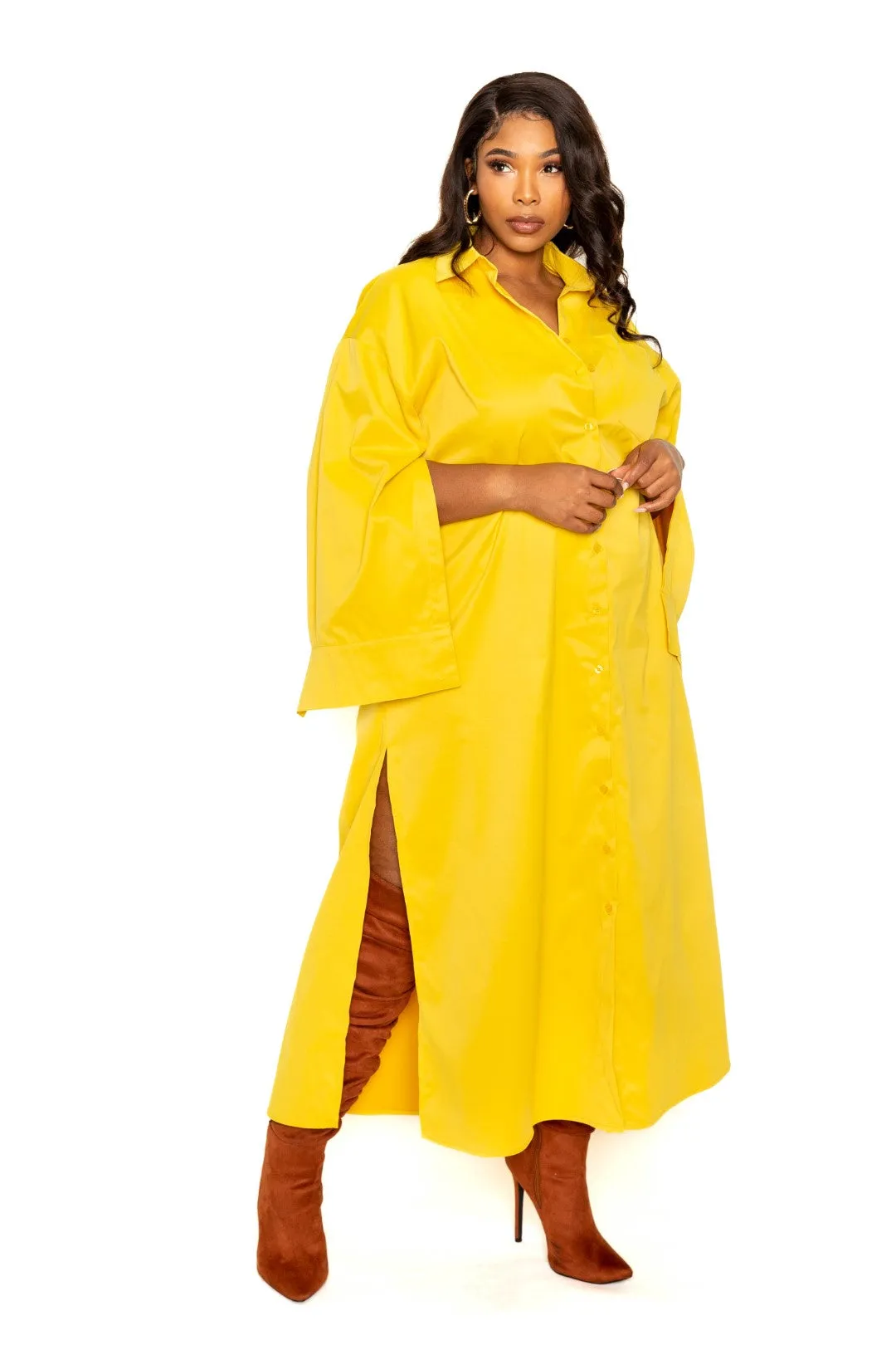 Button Down Cape Sleeve Shirt Dress
