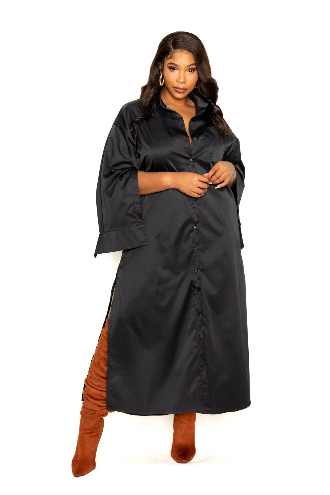 Button Down Cape Sleeve Shirt Dress