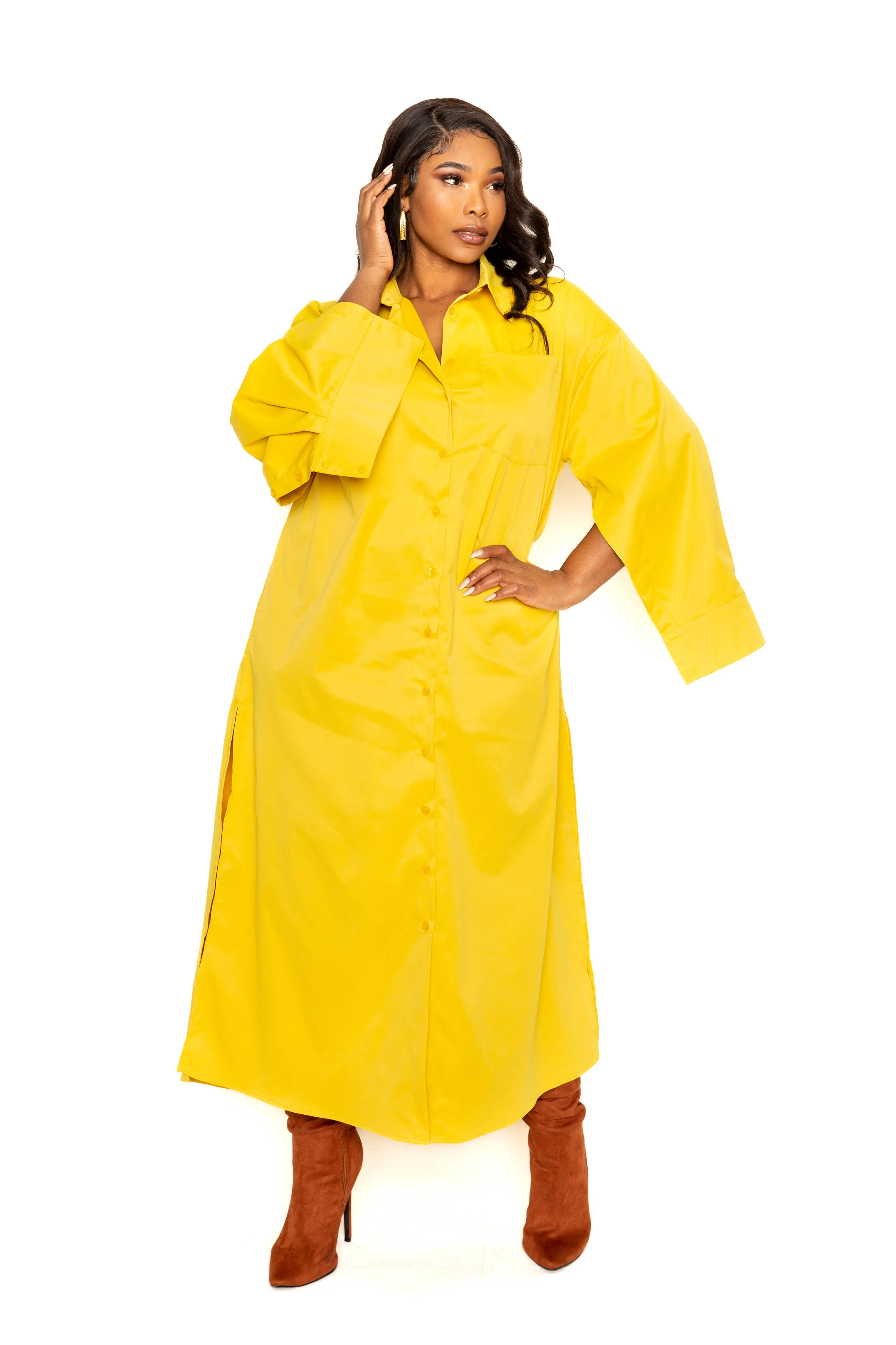 Button Down Cape Sleeve Shirt Dress