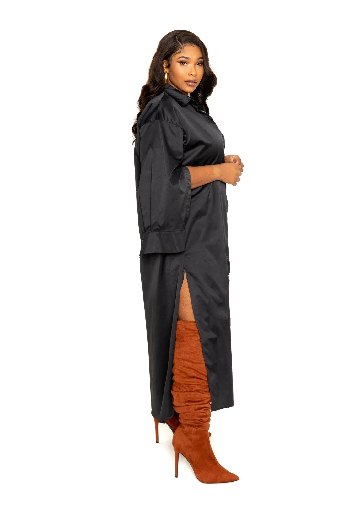 Button Down Cape Sleeve Shirt Dress