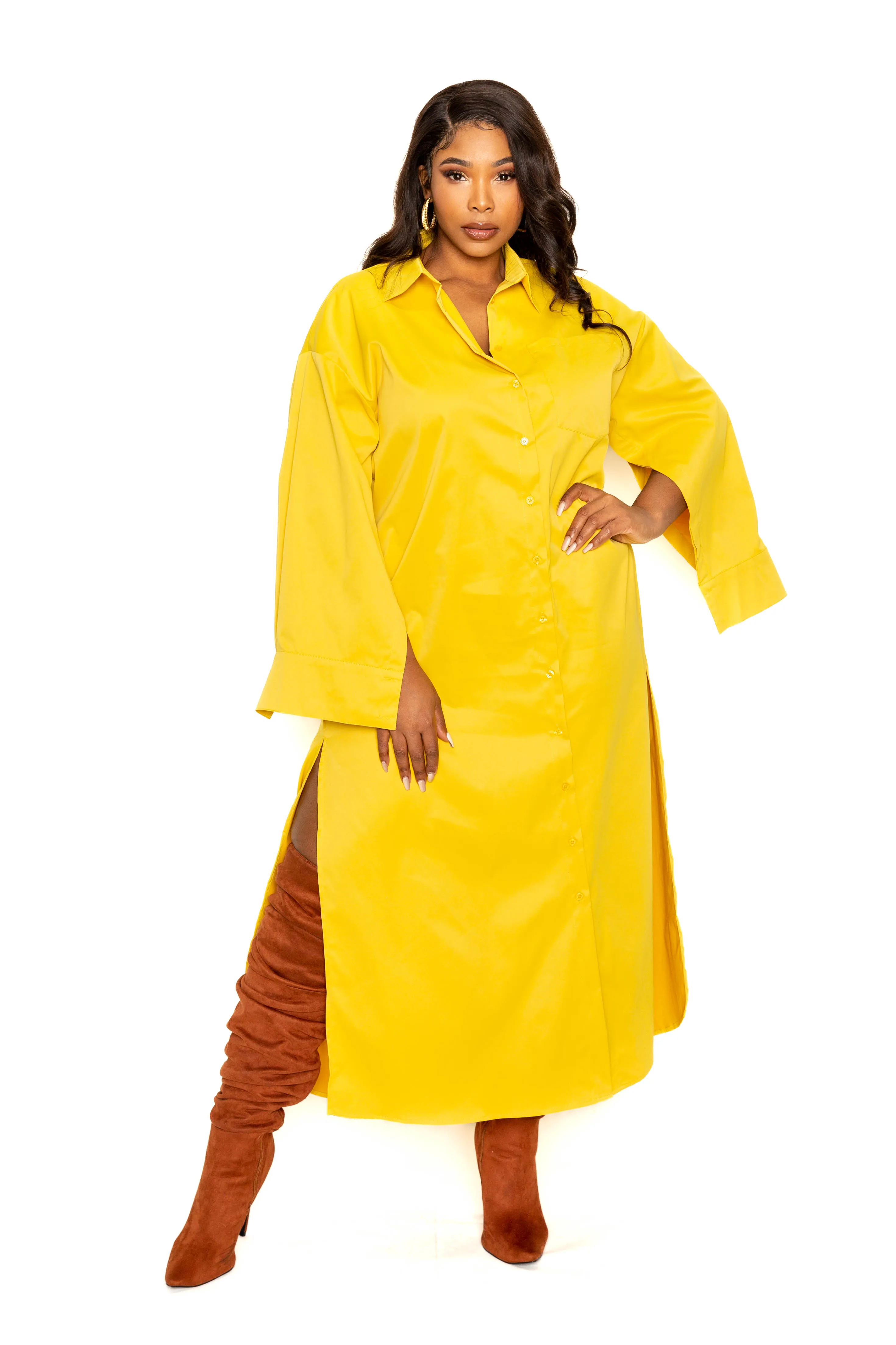 Button Down Cape Sleeve Shirt Dress