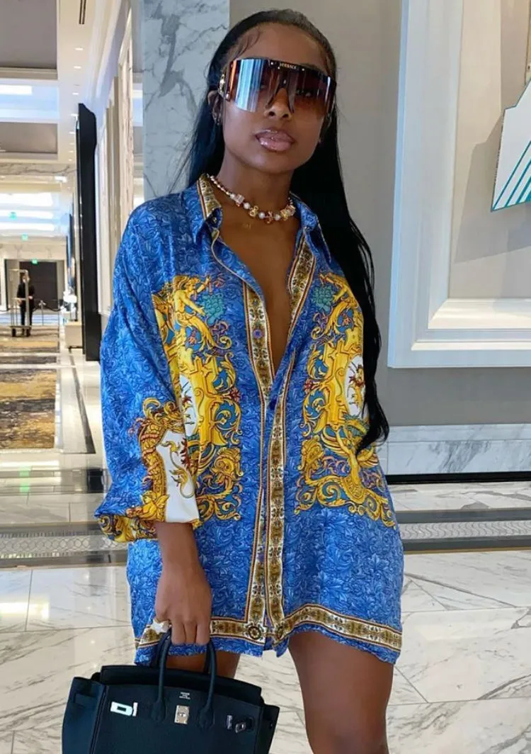 Button Down Printed Long Sleeve Blouse Dress