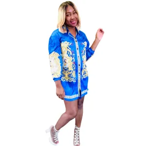 Button Down Printed Long Sleeve Blouse Dress