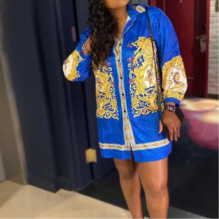 Button Down Printed Long Sleeve Blouse Dress