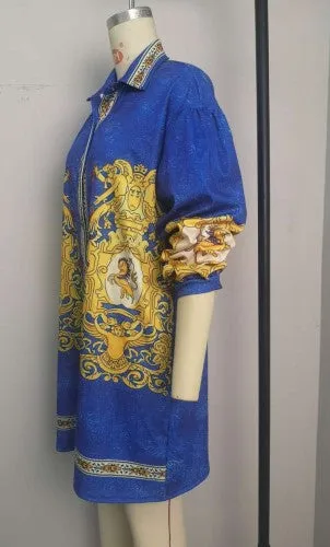 Button Down Printed Long Sleeve Blouse Dress