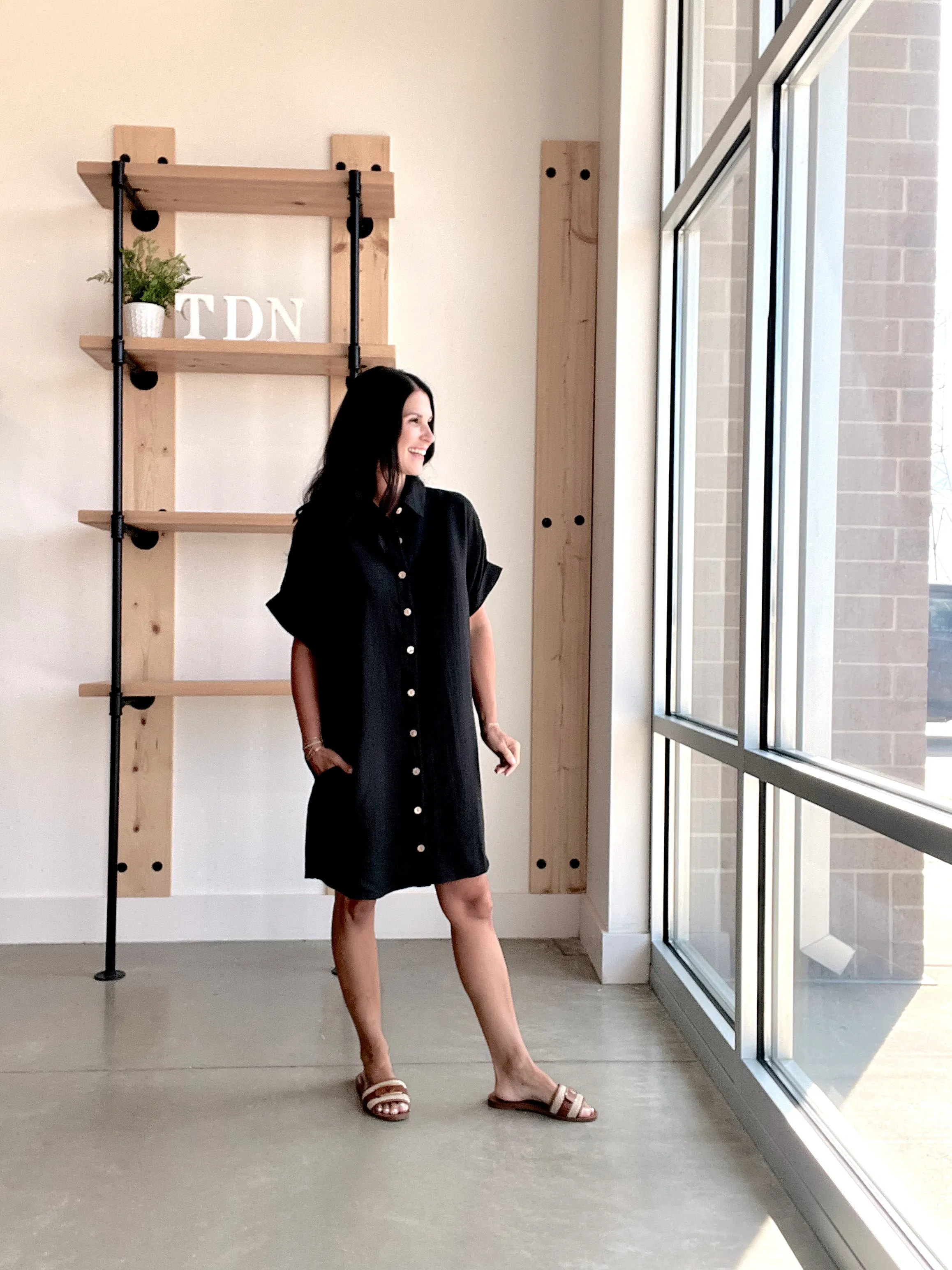 Button Down Shirt Dress in Black