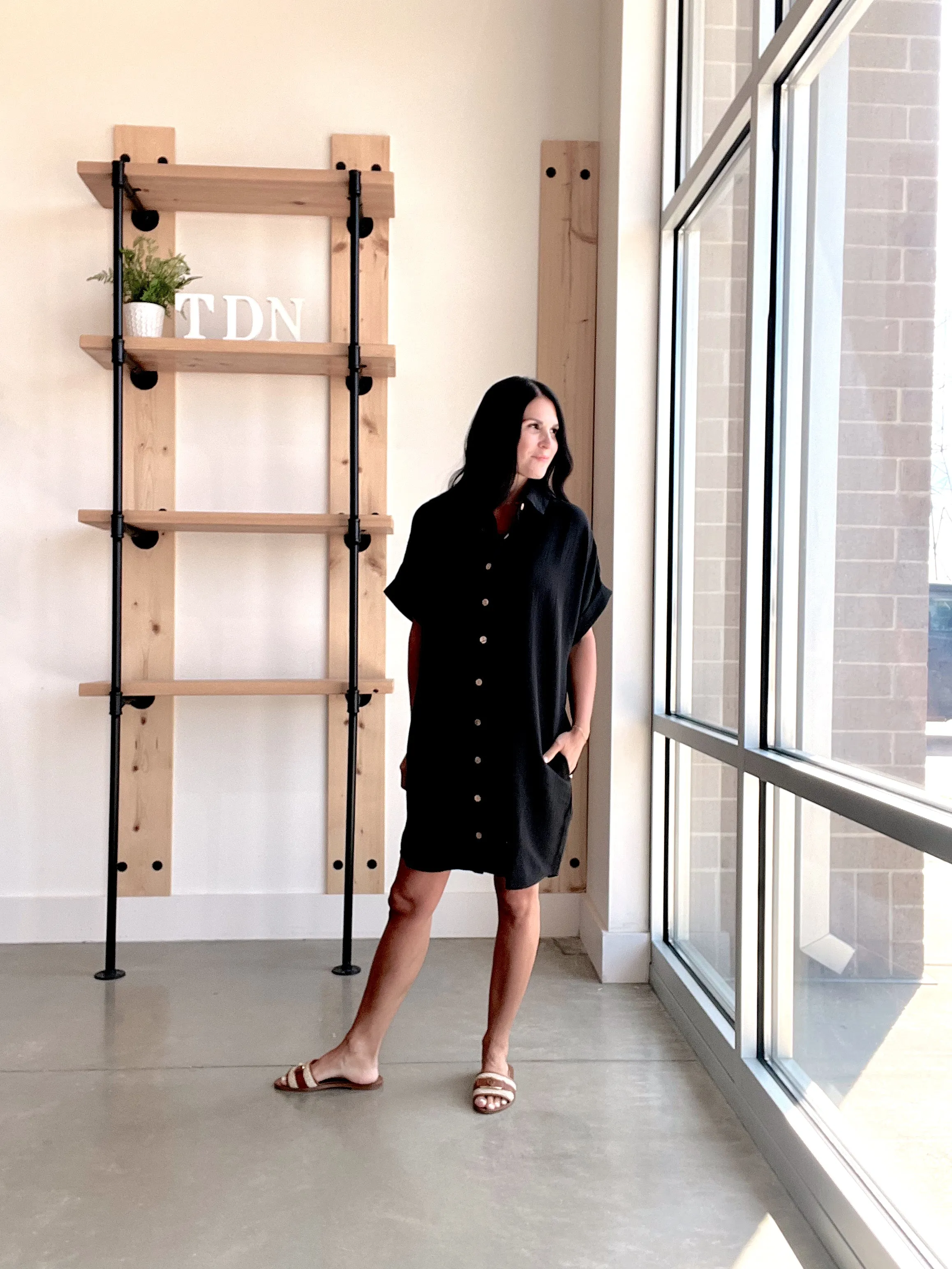 Button Down Shirt Dress in Black