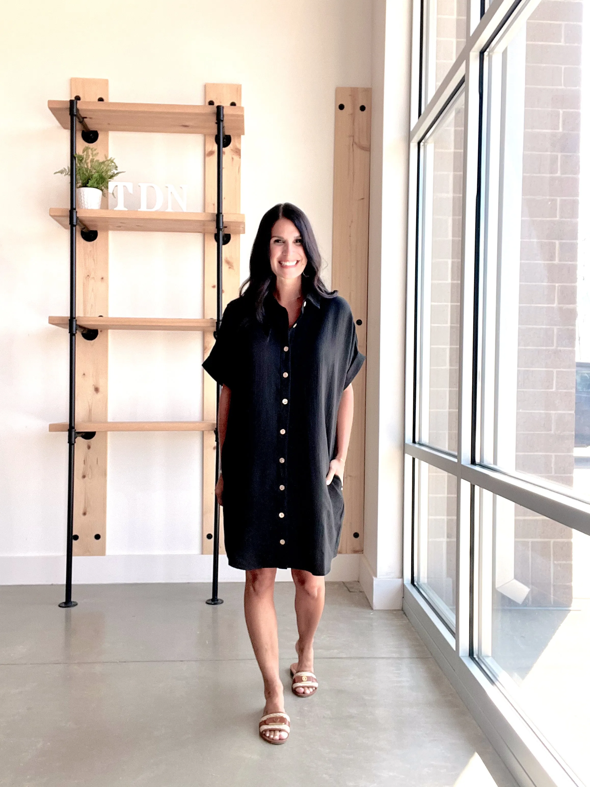 Button Down Shirt Dress in Black