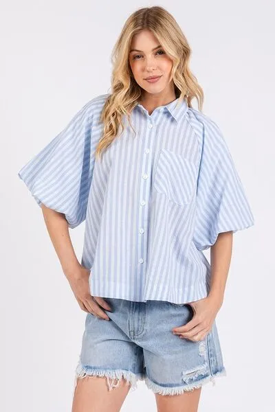 Button Down Striped Puff Sleeve Shirt