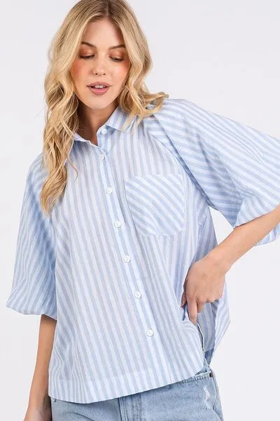 Button Down Striped Puff Sleeve Shirt