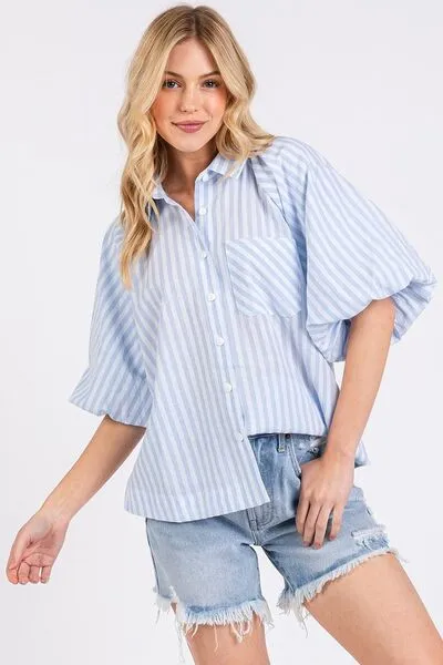 Button Down Striped Puff Sleeve Shirt