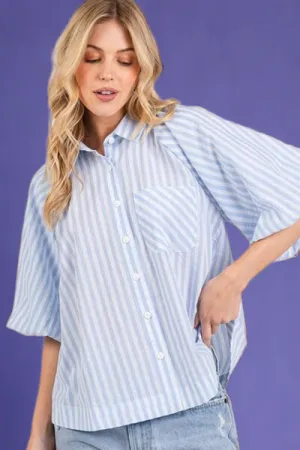 Button Down Striped Puff Sleeve Shirt