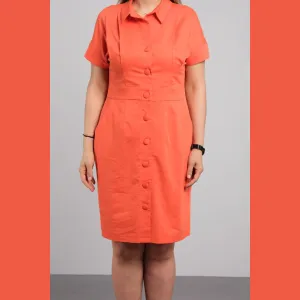 Button Front 2 Pocket Dress - Orange
