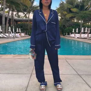 Button Pocket Design Long Sleeve Pyjama Top & Pants Set