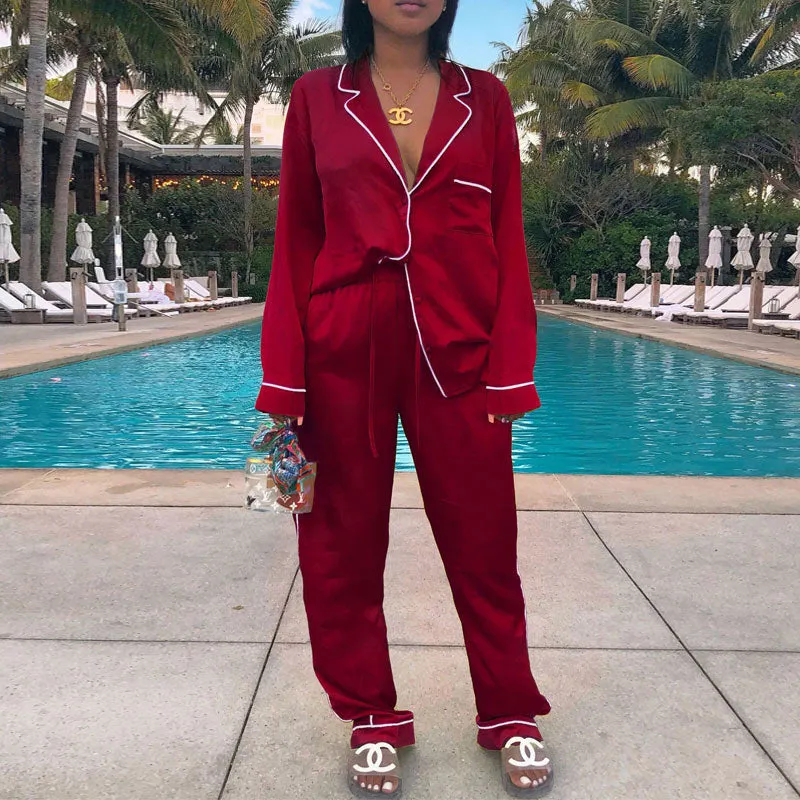 Button Pocket Design Long Sleeve Pyjama Top & Pants Set