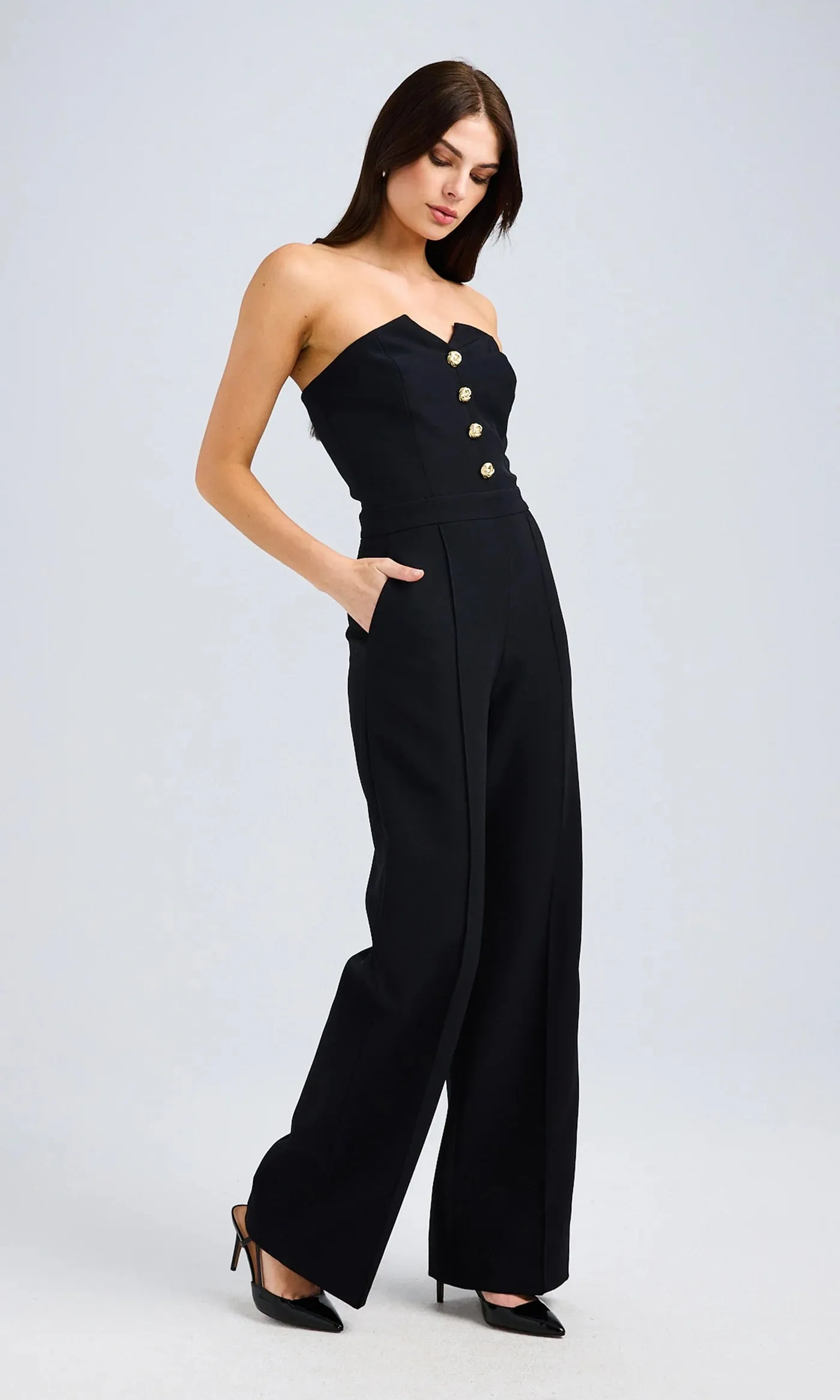 Camilo Crepe Button Jumpsuit - Black
